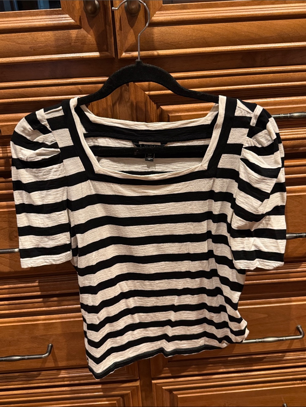 Polo by Ralph Lauren Black & White Striped Square-Neck Puff Sleeve Tee